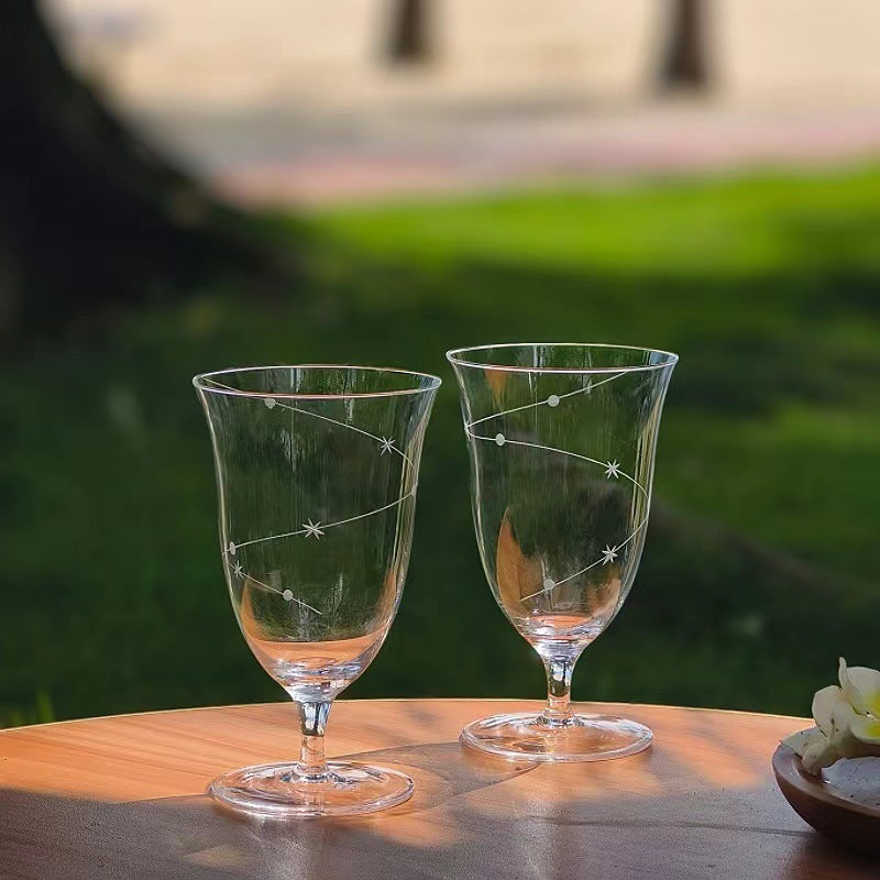 Clear Etched Glass Wine Goblet with Decorative Pattern