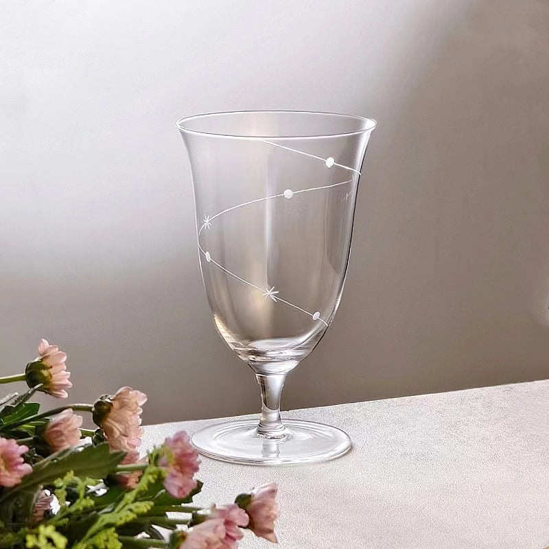 Clear Etched Glass Wine Goblet with Decorative Pattern