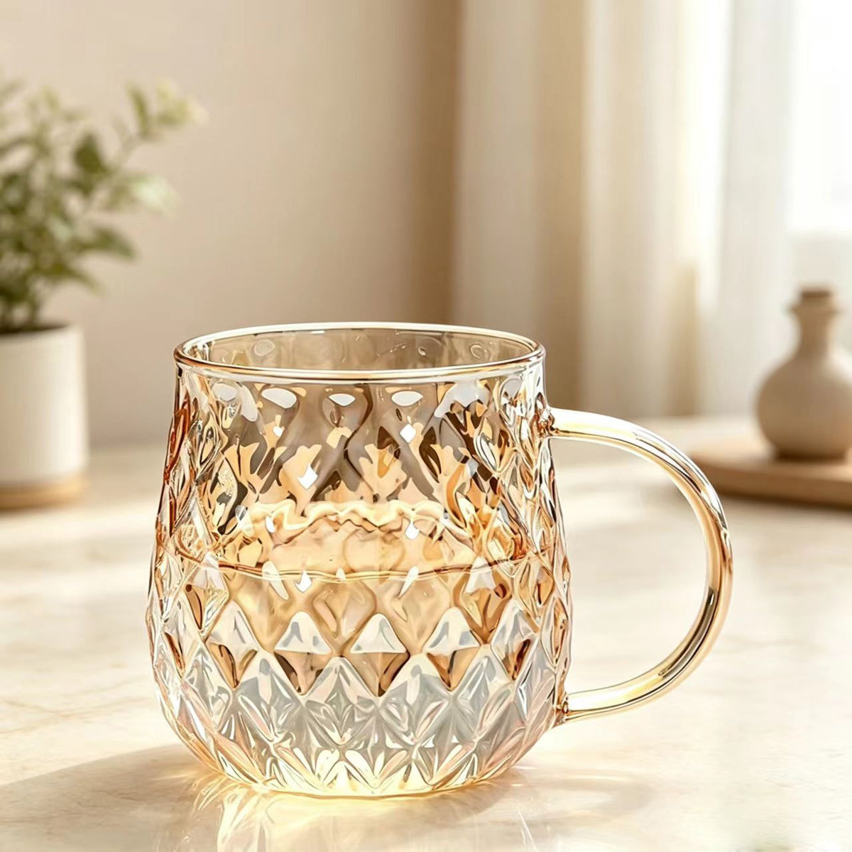 Clear Textured Glass Mug with Gold Handle