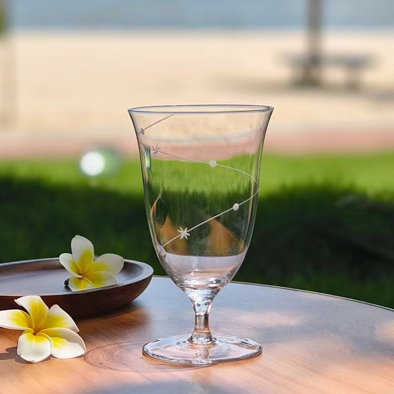 Clear Etched Glass Wine Goblet with Decorative Pattern