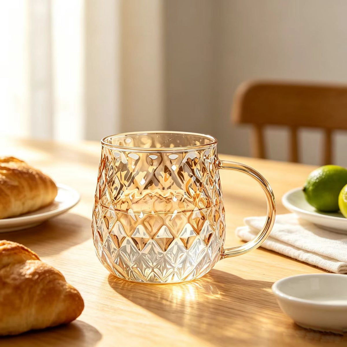 Clear Textured Glass Mug with Gold Handle